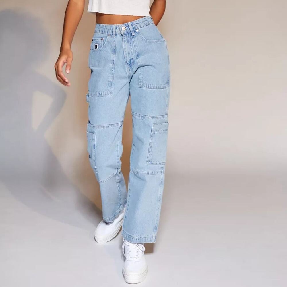 The Ragged Priest Combat Light Wash Wide Leg Denim Utility Cargo Jeans Size 24